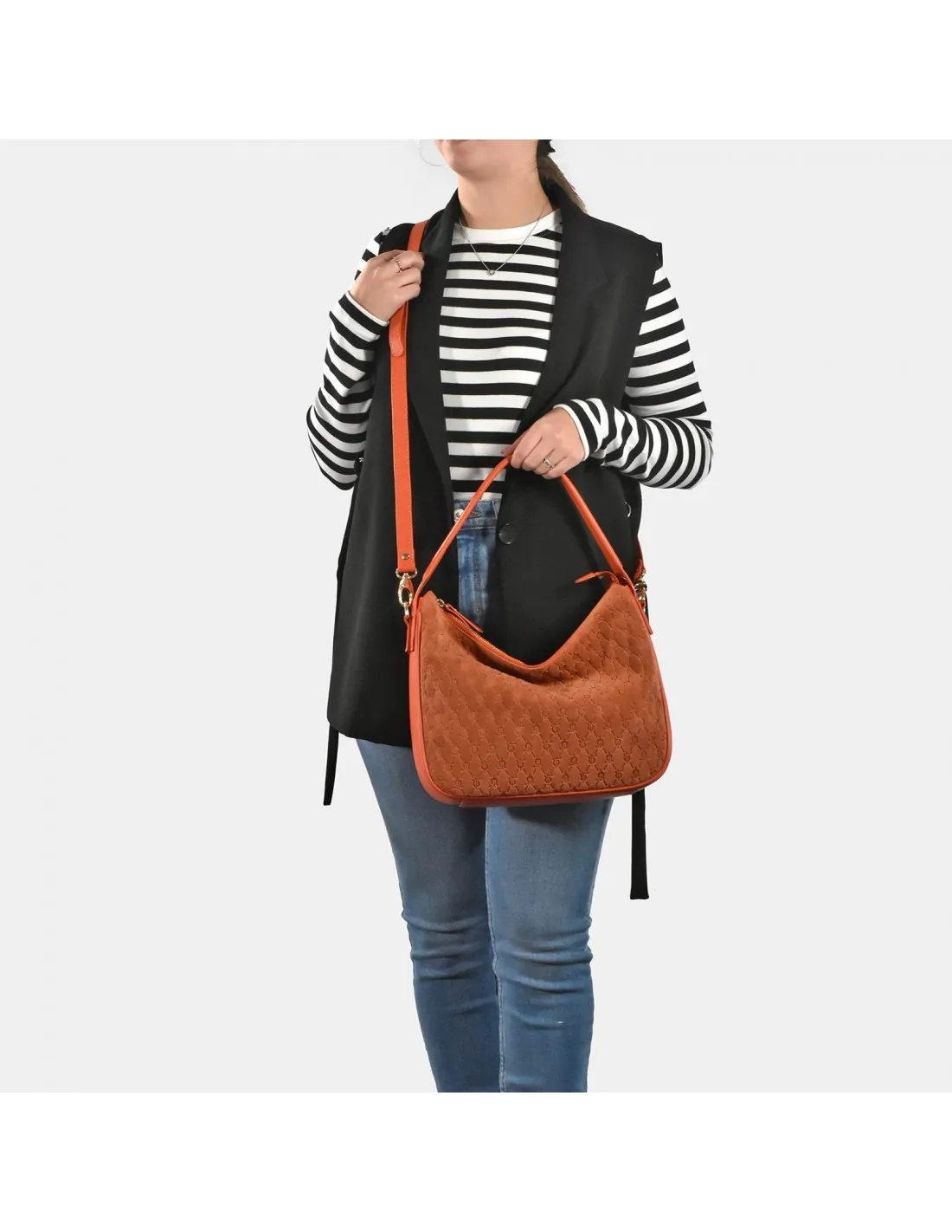 EL CABALLO Bolso de hombro con bandolera para mujer en piel y serraje grabado