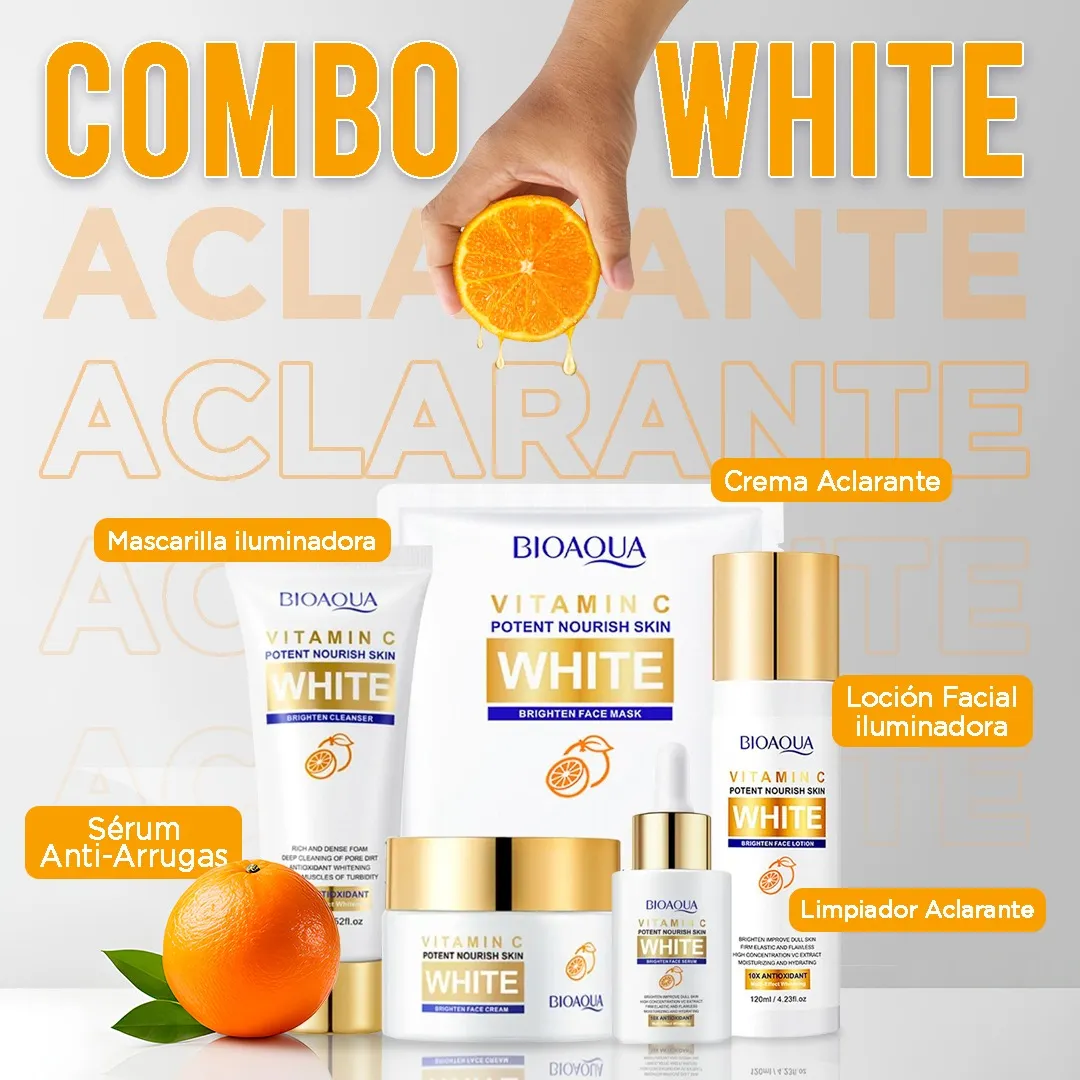 KIT X 5 RUTINA FACIAL ACLARANTE | TRATAMIENTO FACIAL ANTIMANCHAS Y ACLARANTE  BIOAQUA WHITE