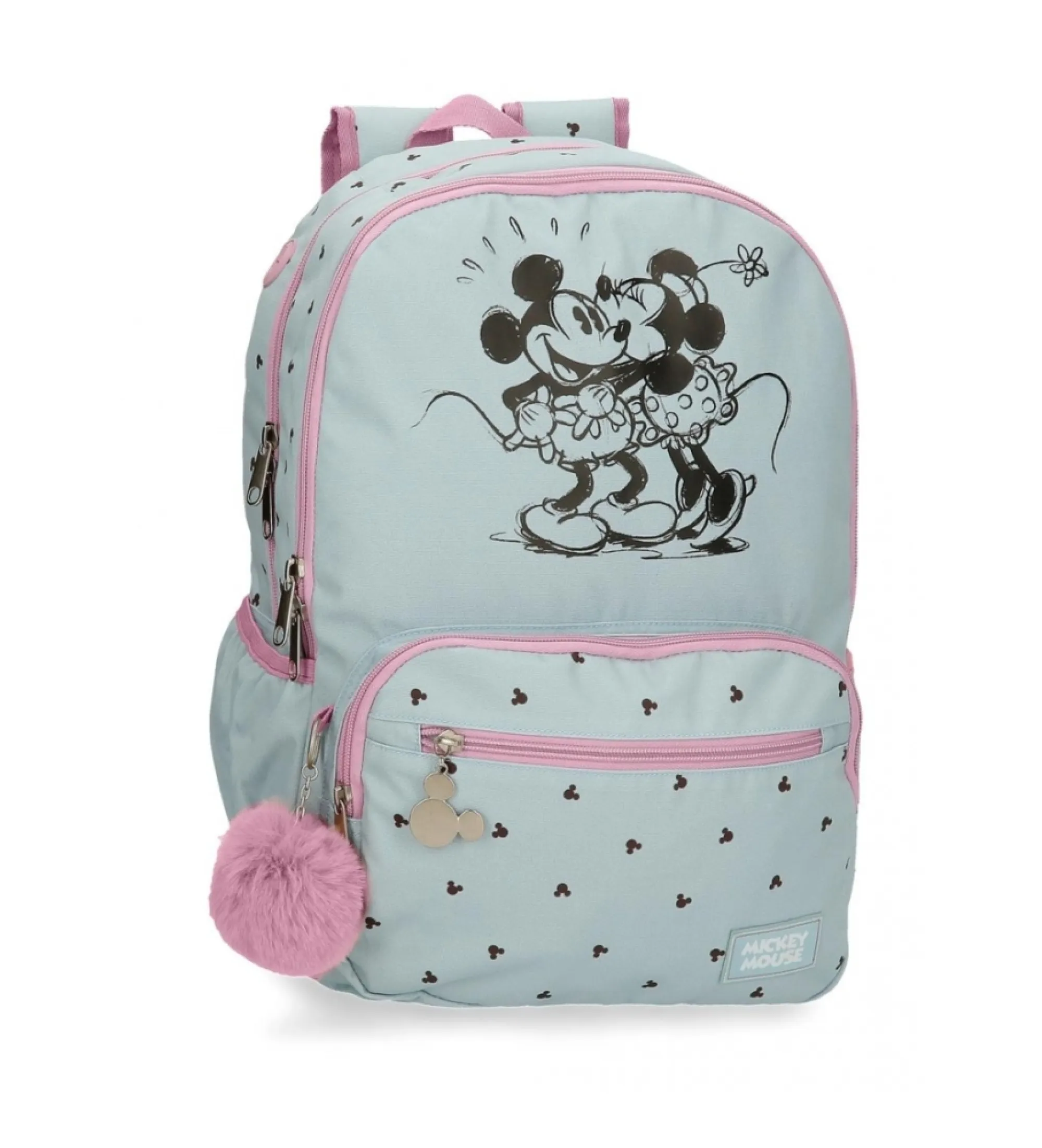Mochila escolar Mickey y Minnie kisses doble compartimento adaptable a carro azul