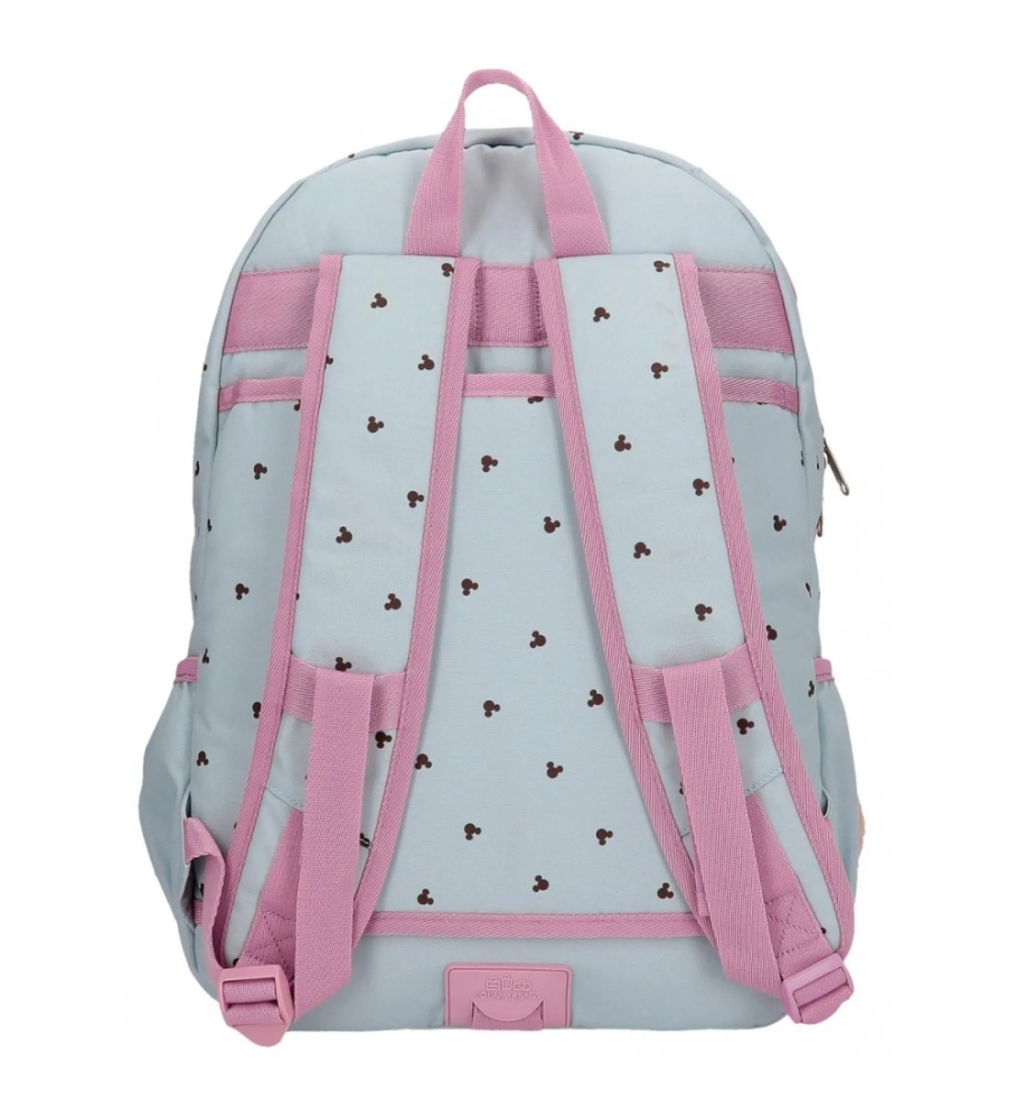 Mochila escolar Mickey y Minnie kisses doble compartimento adaptable a carro azul