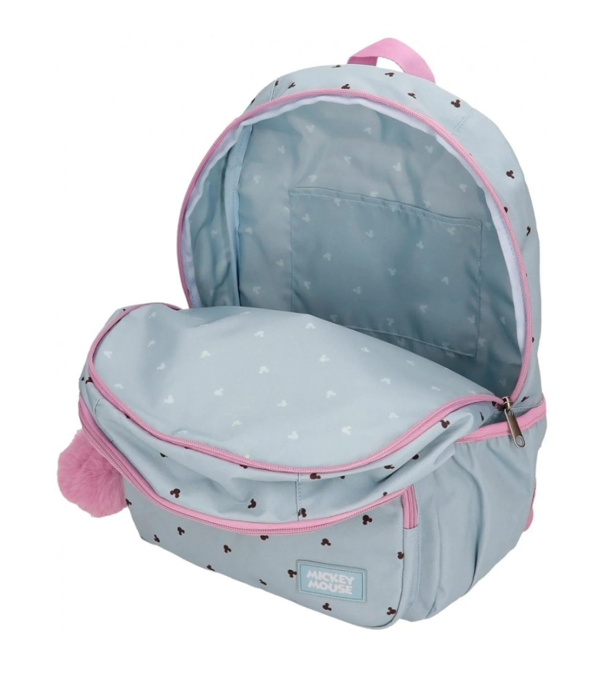 Mochila escolar Mickey y Minnie kisses doble compartimento adaptable a carro azul
