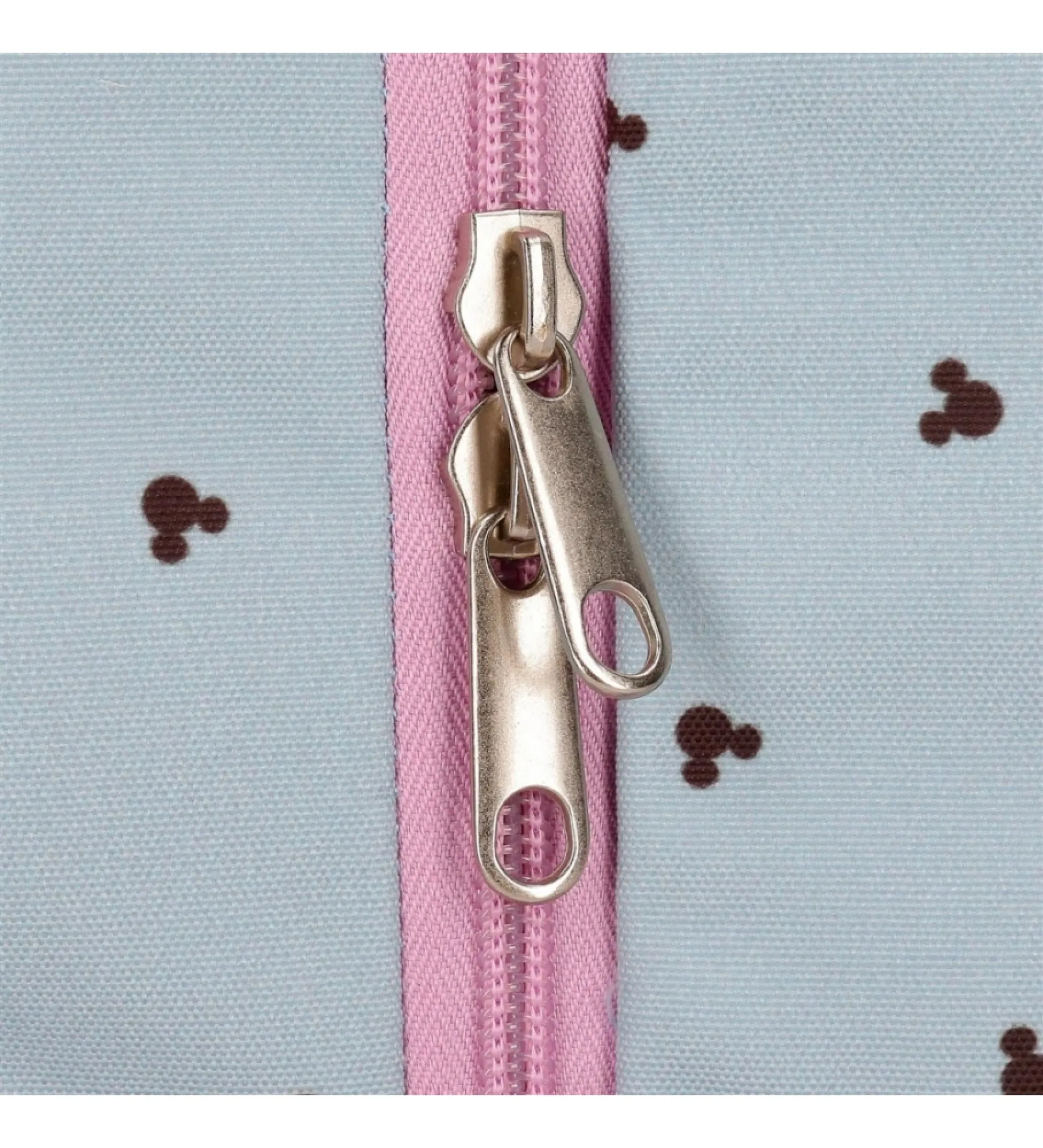 Mochila escolar Mickey y Minnie kisses doble compartimento adaptable a carro azul