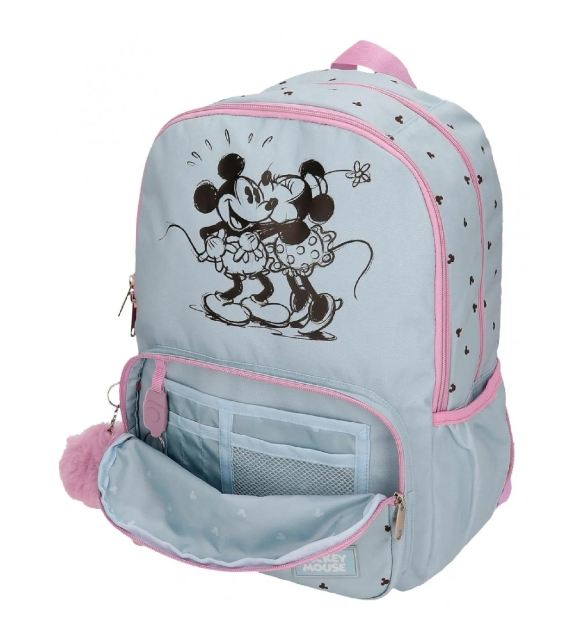 Mochila escolar Mickey y Minnie kisses doble compartimento adaptable a carro azul