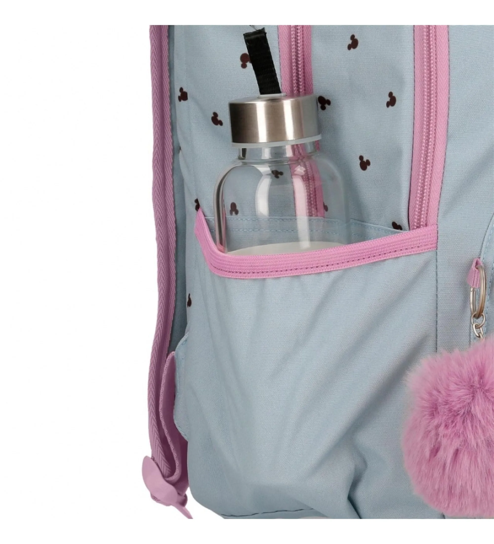 Mochila escolar Mickey y Minnie kisses doble compartimento adaptable a carro azul