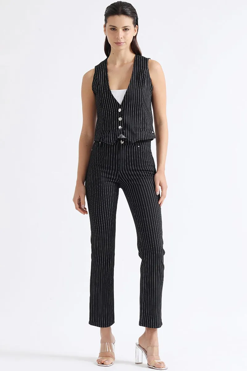 PANTALON SLIM TIRO MEDIO, LISTADO, NEGRO