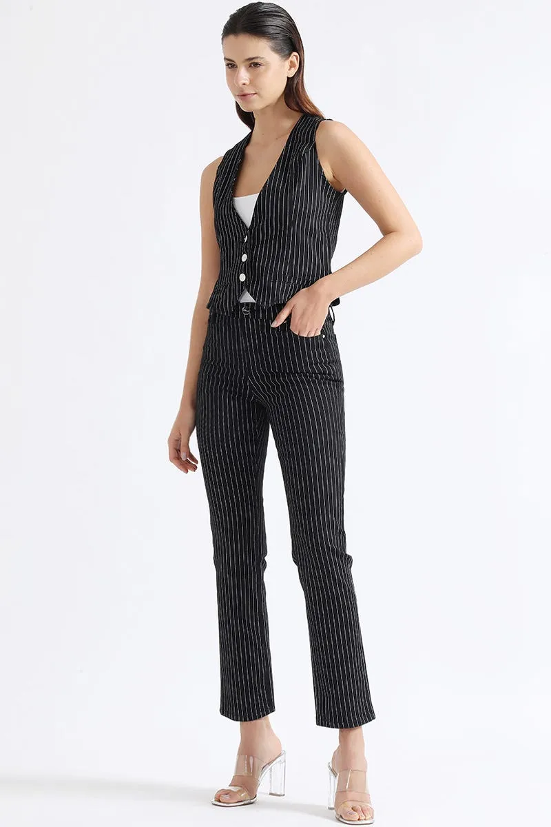 PANTALON SLIM TIRO MEDIO, LISTADO, NEGRO