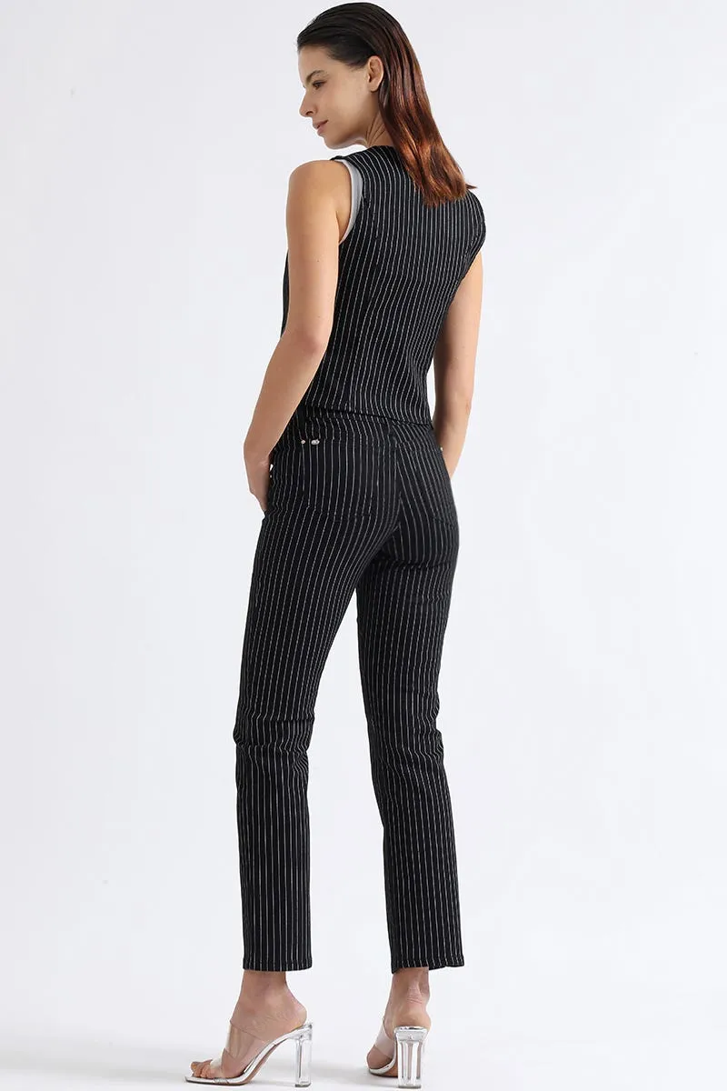 PANTALON SLIM TIRO MEDIO, LISTADO, NEGRO