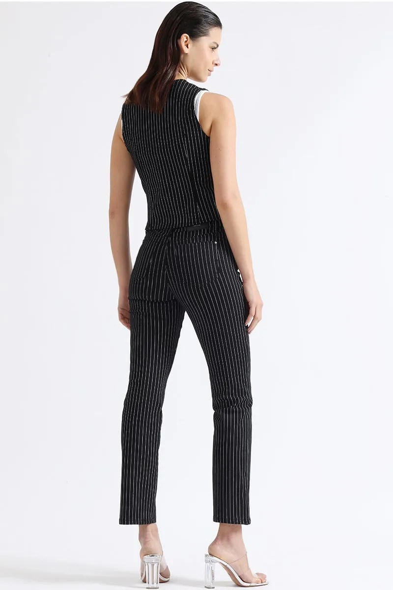 PANTALON SLIM TIRO MEDIO, LISTADO, NEGRO