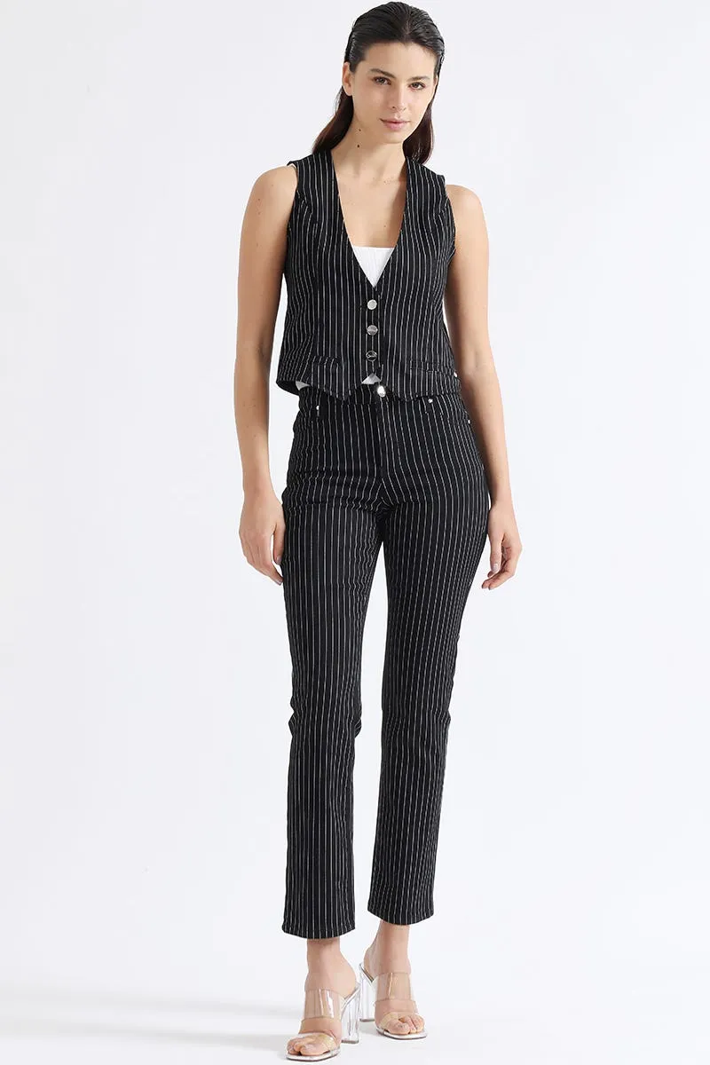 PANTALON SLIM TIRO MEDIO, LISTADO, NEGRO