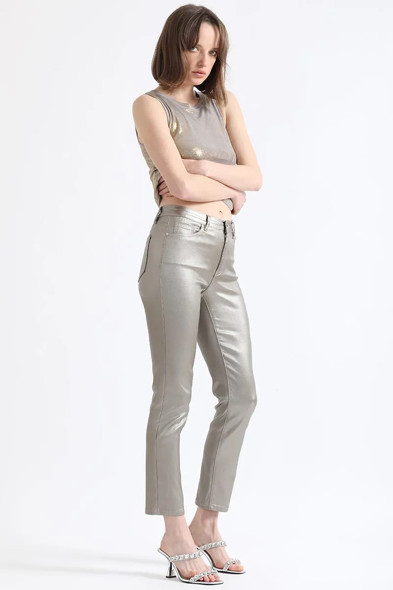 PANTALON SLIM TIRO MEDIO, METALIZADO, CAFÉ