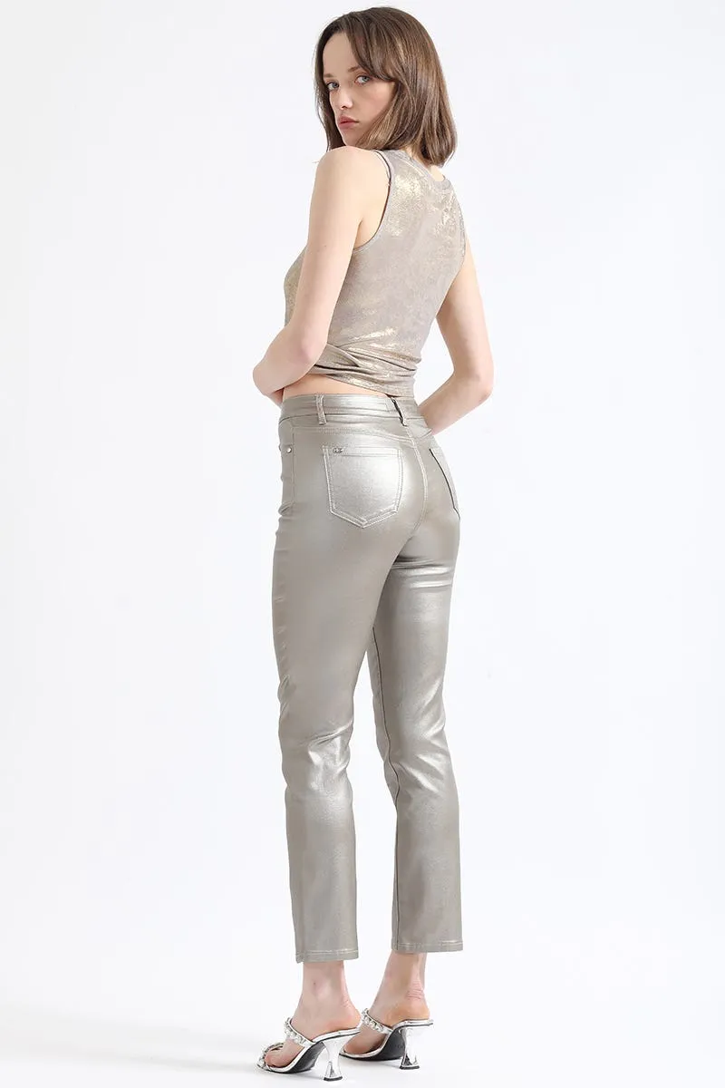 PANTALON SLIM TIRO MEDIO, METALIZADO, CAFÉ
