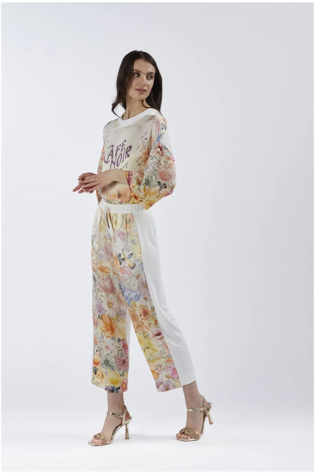 pantalón bimateria con parte delantera estampada flower panel