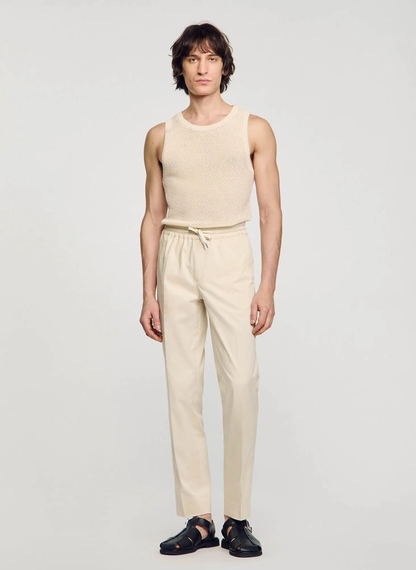 Pantalón chino de mezcla de algodón con cordón en beige