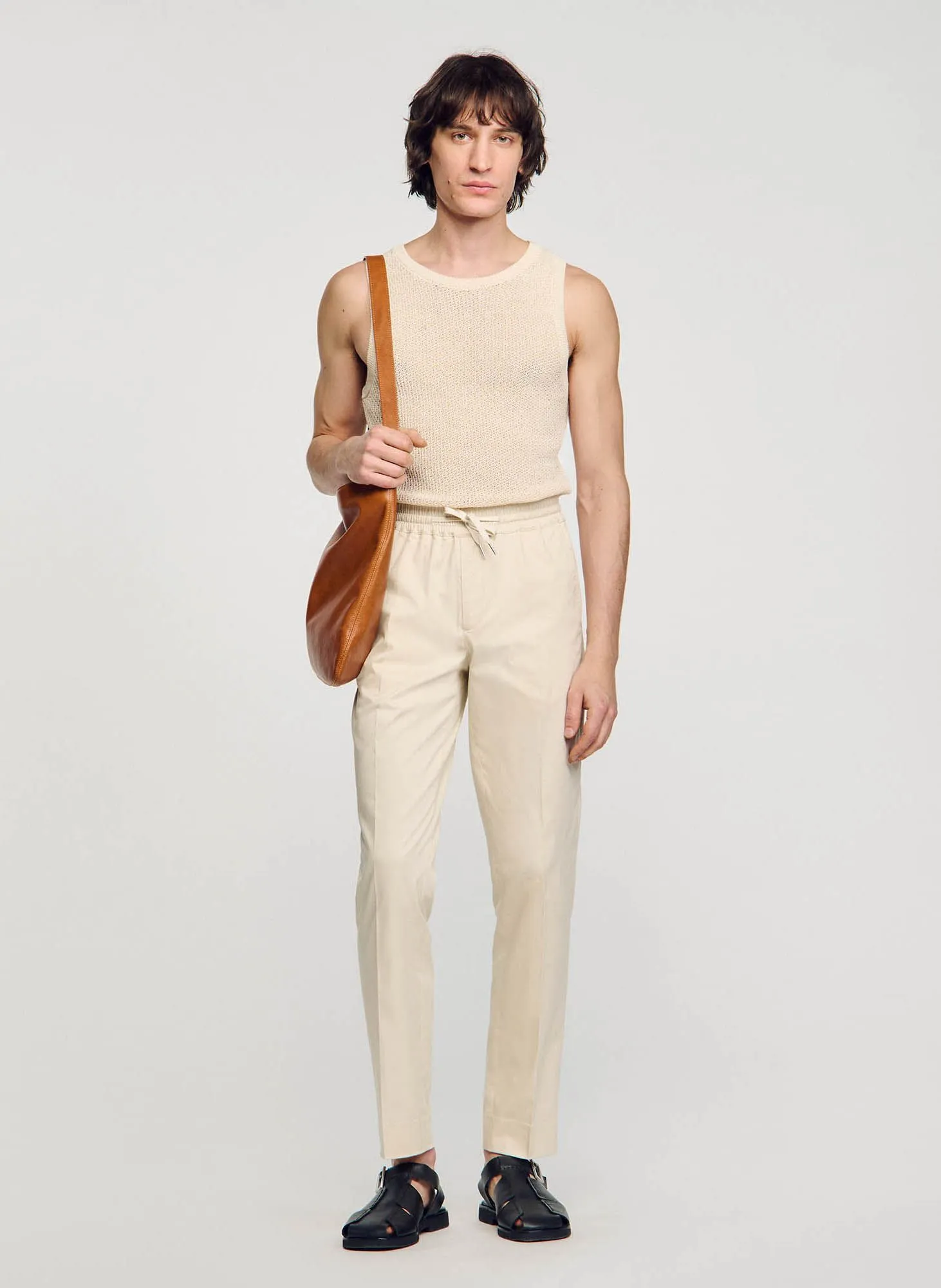 Pantalón chino de mezcla de algodón con cordón en beige