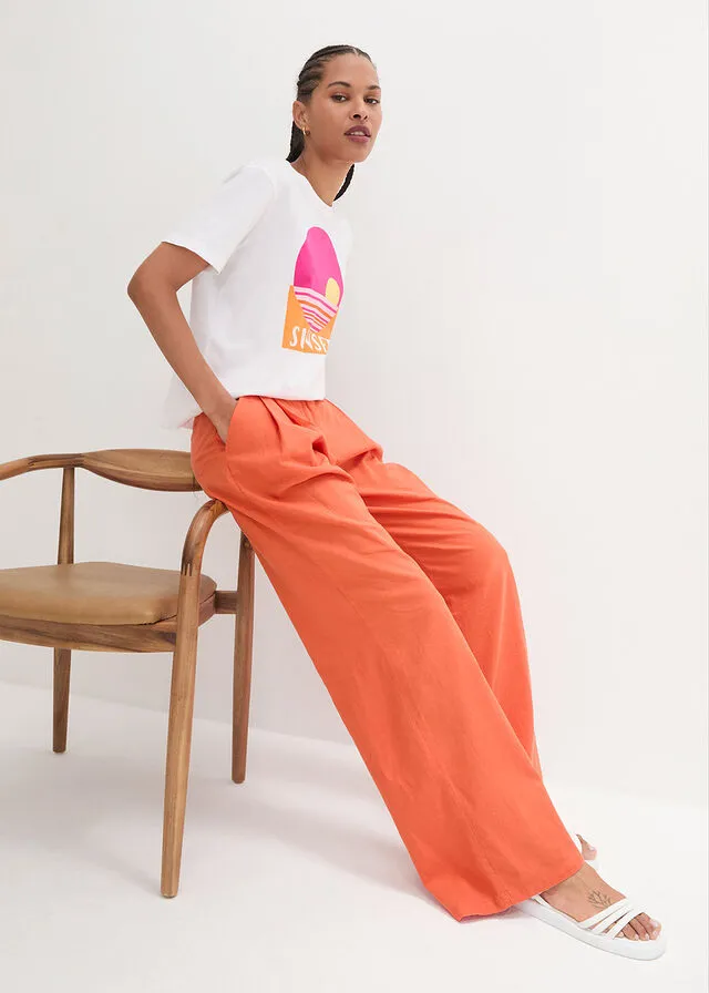 Pantalón palazzo de corte ancho con lino Naranja cobrizo