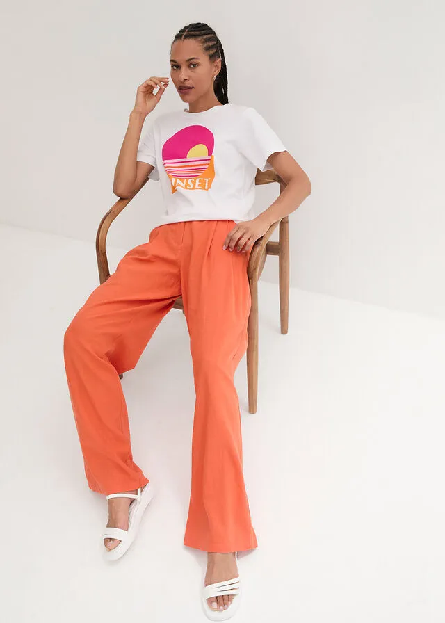 Pantalón palazzo de corte ancho con lino Naranja cobrizo
