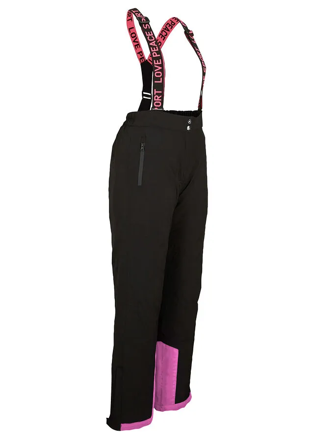 Pantalón térmico funcional de esquí con tirantes desmontables, material impermeable y corte recto Negro