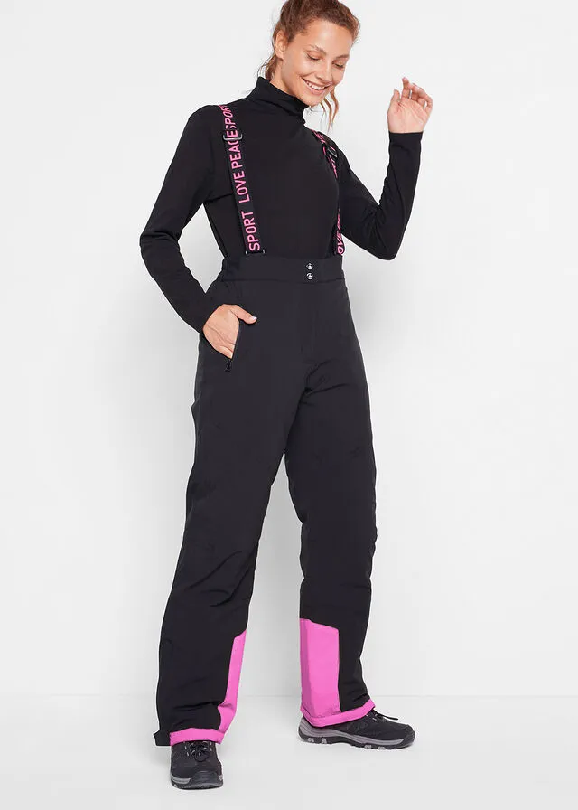 Pantalón térmico funcional de esquí con tirantes desmontables, material impermeable y corte recto Negro