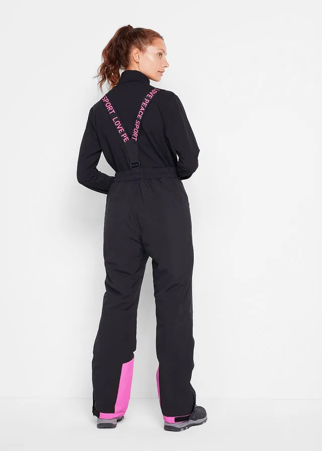 Pantalón térmico funcional de esquí con tirantes desmontables, material impermeable y corte recto Negro