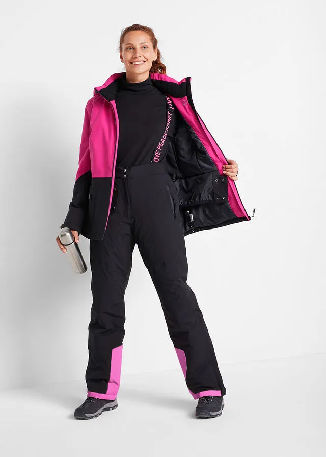 Pantalón térmico funcional de esquí con tirantes desmontables, material impermeable y corte recto Negro