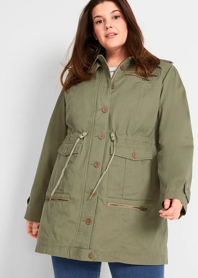 Parka de algodón de largo medio con estilo militar Verde oliva