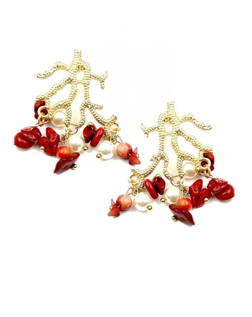 PENDIENTES CORAL PARA MUJER CON RAMITA DE CORAL DORADA