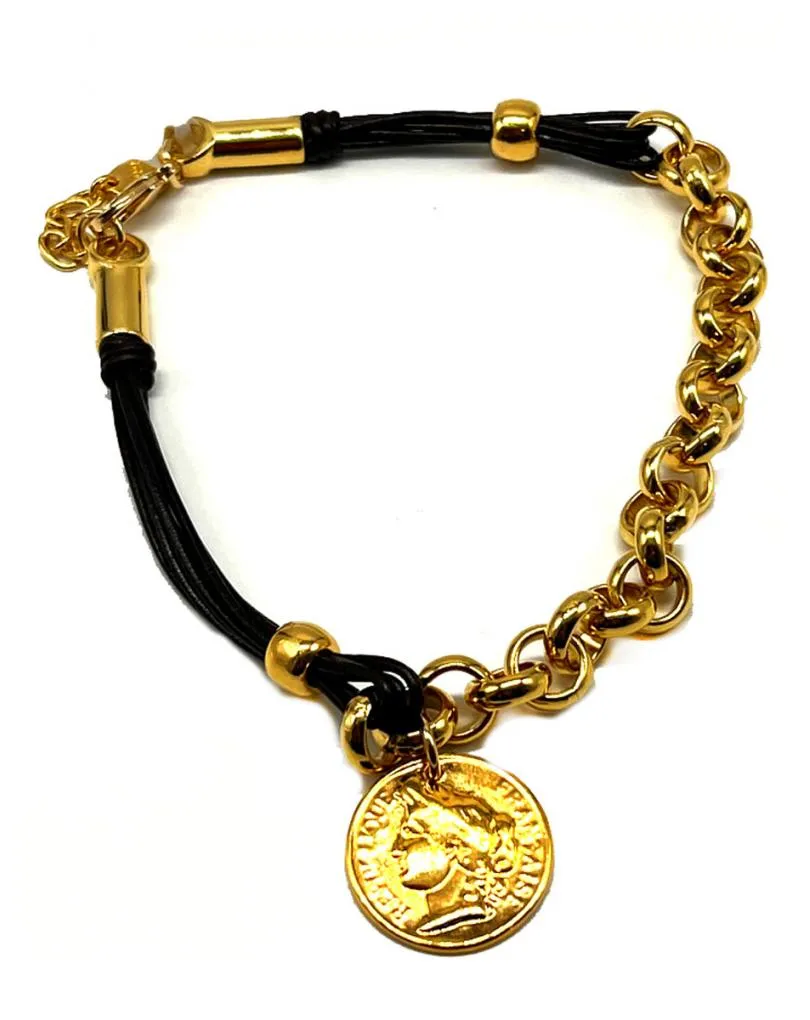 PULSERA DORADA Y DE CUERO CON MONEDA REPLICA JOYAS ANTIGUAS