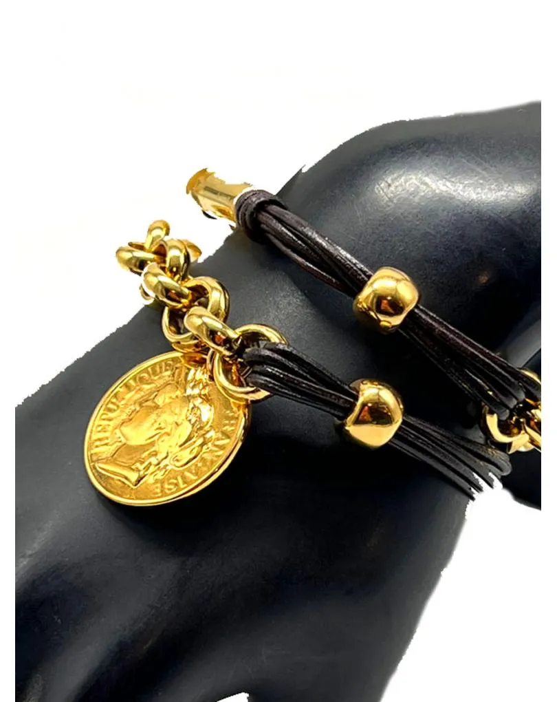 PULSERA DORADA Y DE CUERO CON MONEDA REPLICA JOYAS ANTIGUAS