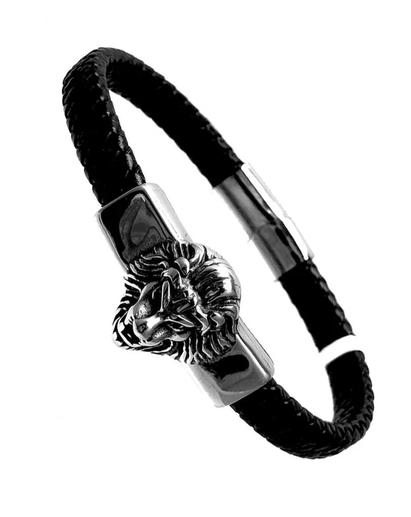 PULSERAS HOMBRE CUERO CON GRAN CABEZA DE LEON EN ACERO