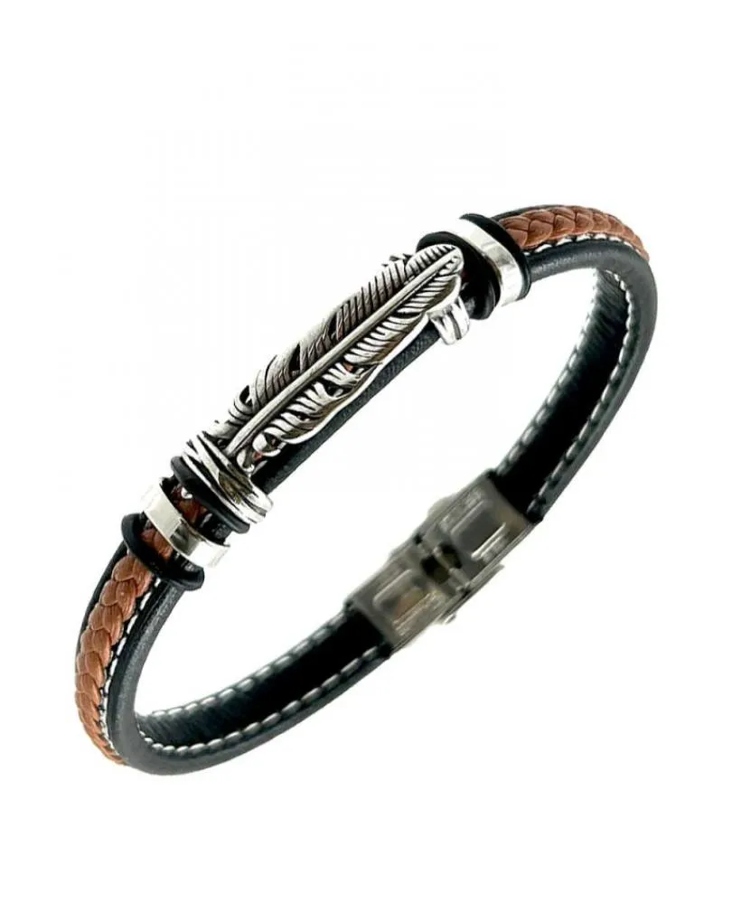 PULSERAS HOMBRE DE CUERO TOFFEE Y NEGRO ORIGINALES CON PLUMA EN ACERO