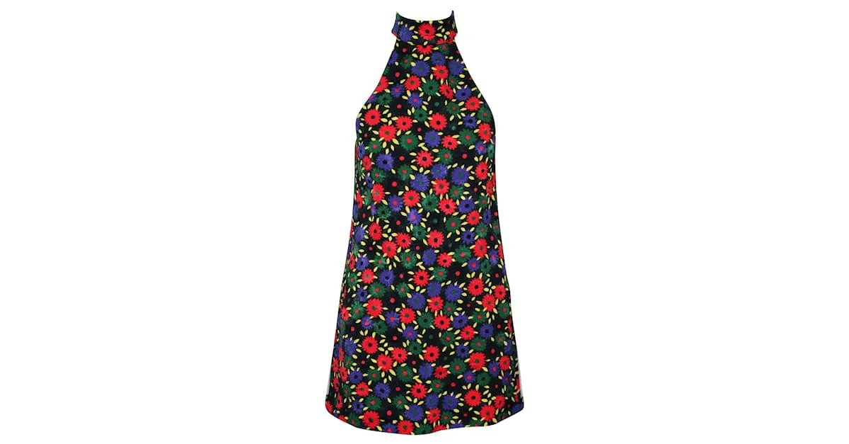 Saint Laurent Mini vestido bordado colorido con cuello halter y bolsillos 