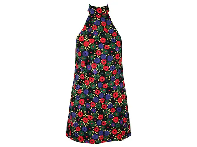 Saint Laurent Mini vestido bordado colorido con cuello halter y bolsillos 