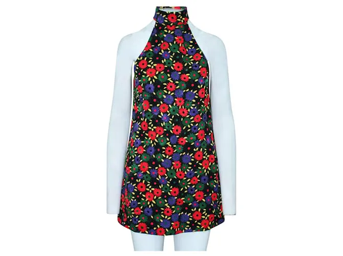 Saint Laurent Mini vestido bordado colorido con cuello halter y bolsillos 