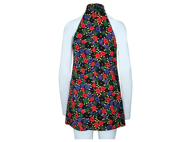 Saint Laurent Mini vestido bordado colorido con cuello halter y bolsillos 