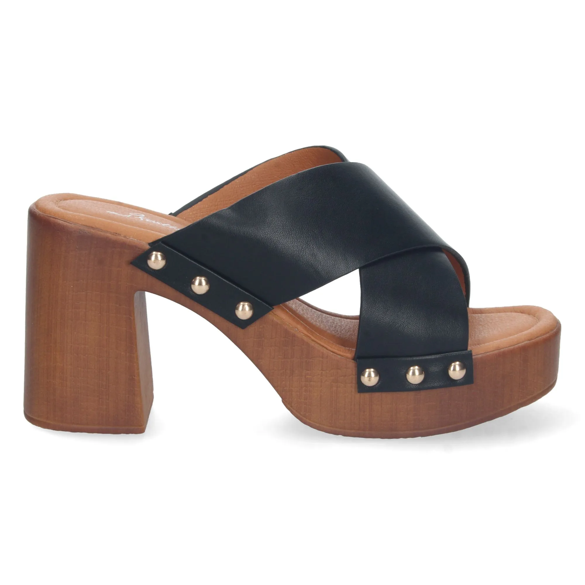 Sandalias de tacón estilo zuecos pala cruzada mujer color negro