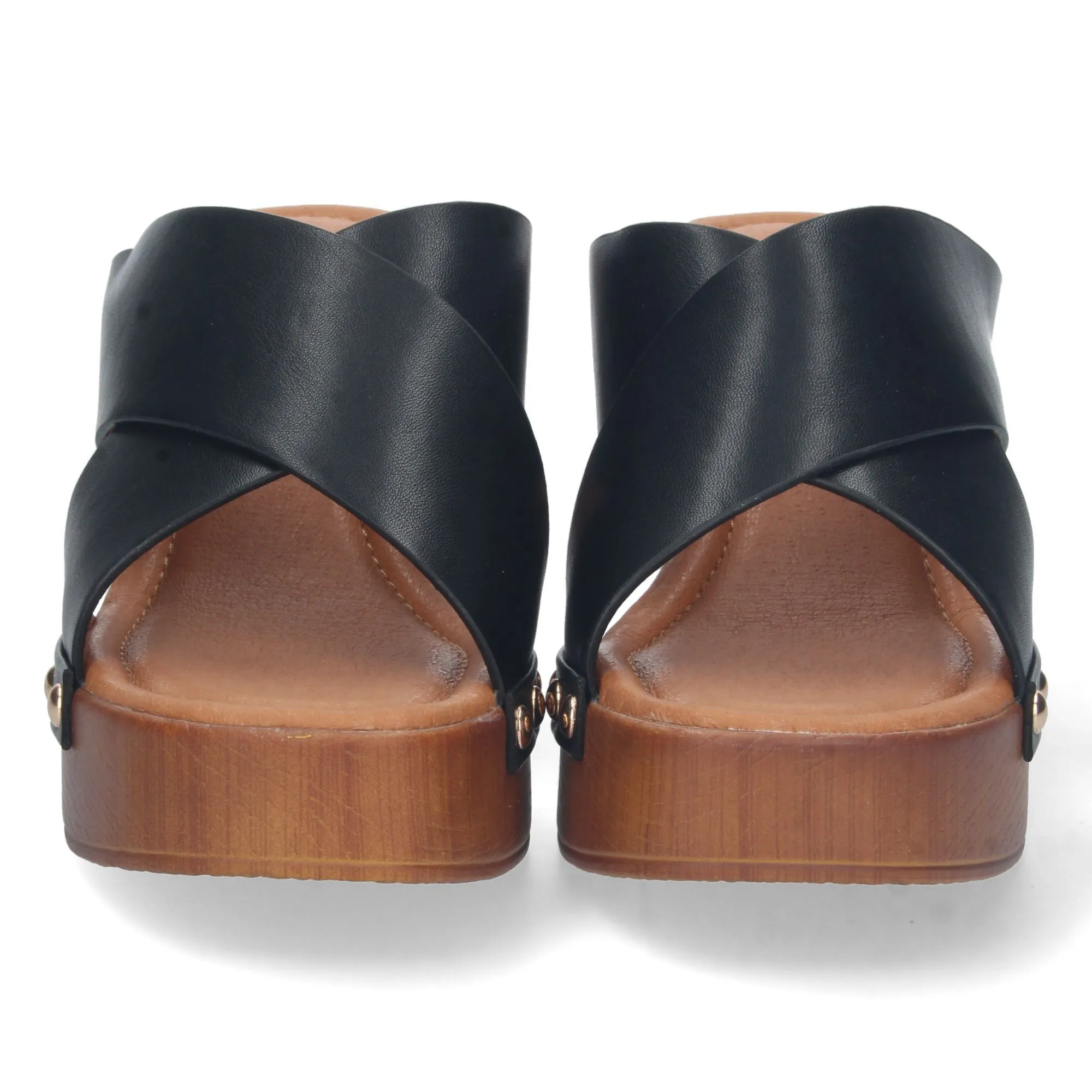 Sandalias de tacón estilo zuecos pala cruzada mujer color negro