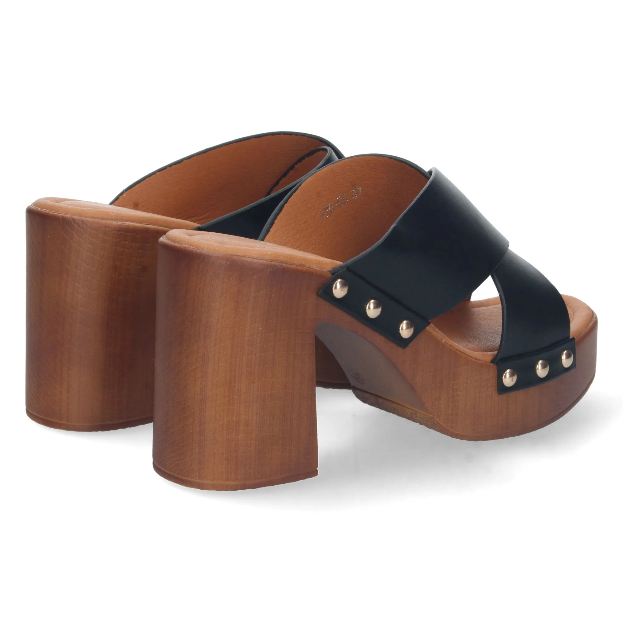 Sandalias de tacón estilo zuecos pala cruzada mujer color negro