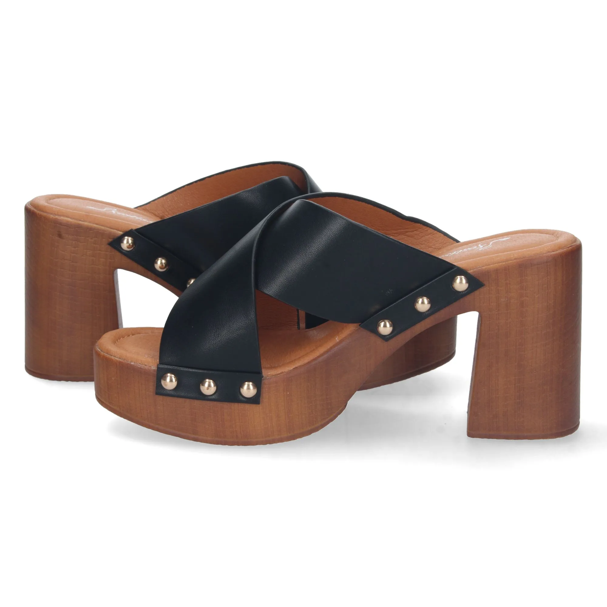 Sandalias de tacón estilo zuecos pala cruzada mujer color negro