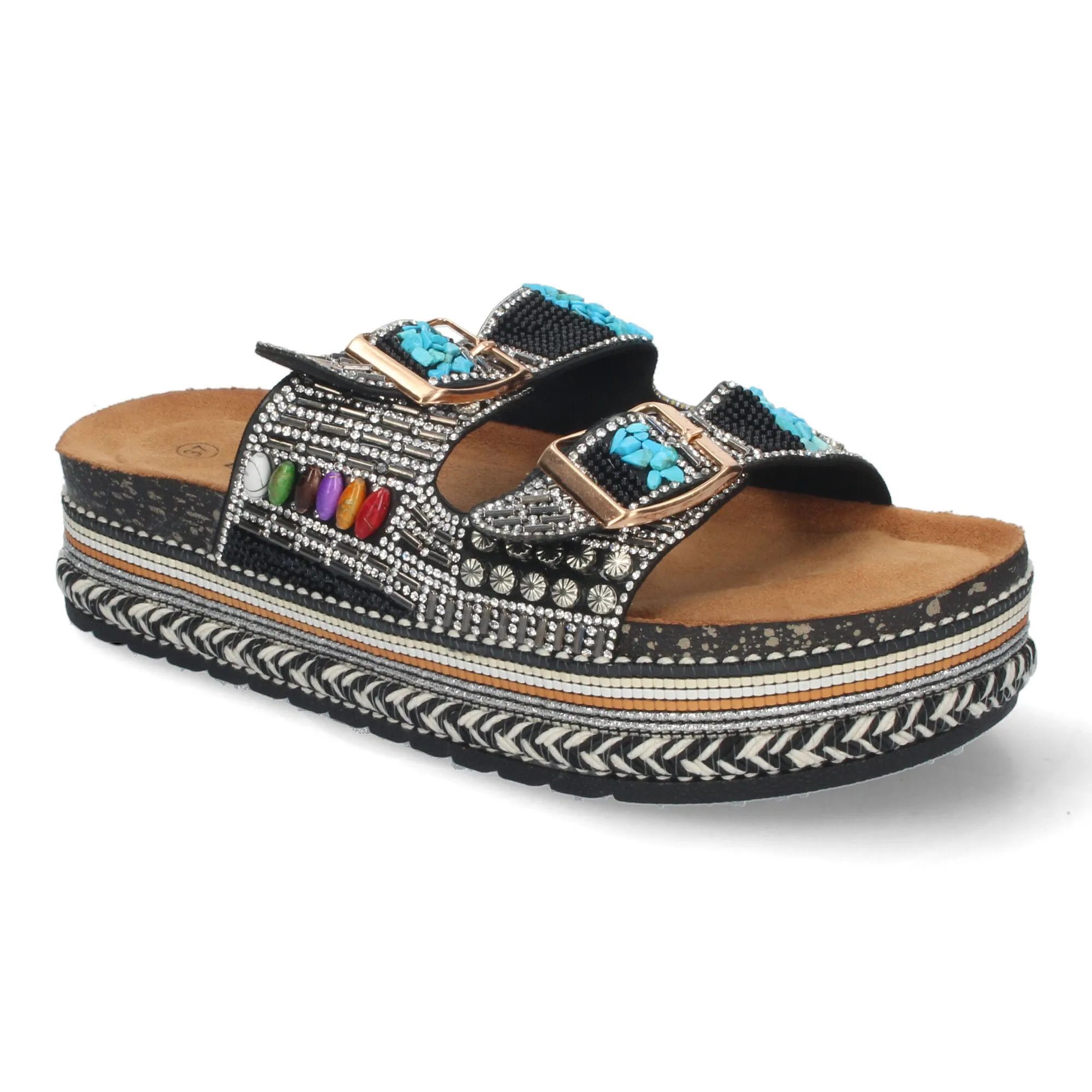 SANDALIAS PLANAS CóMODAS CON ADORNOS BIO PARA MUJER NEGRO ZD08