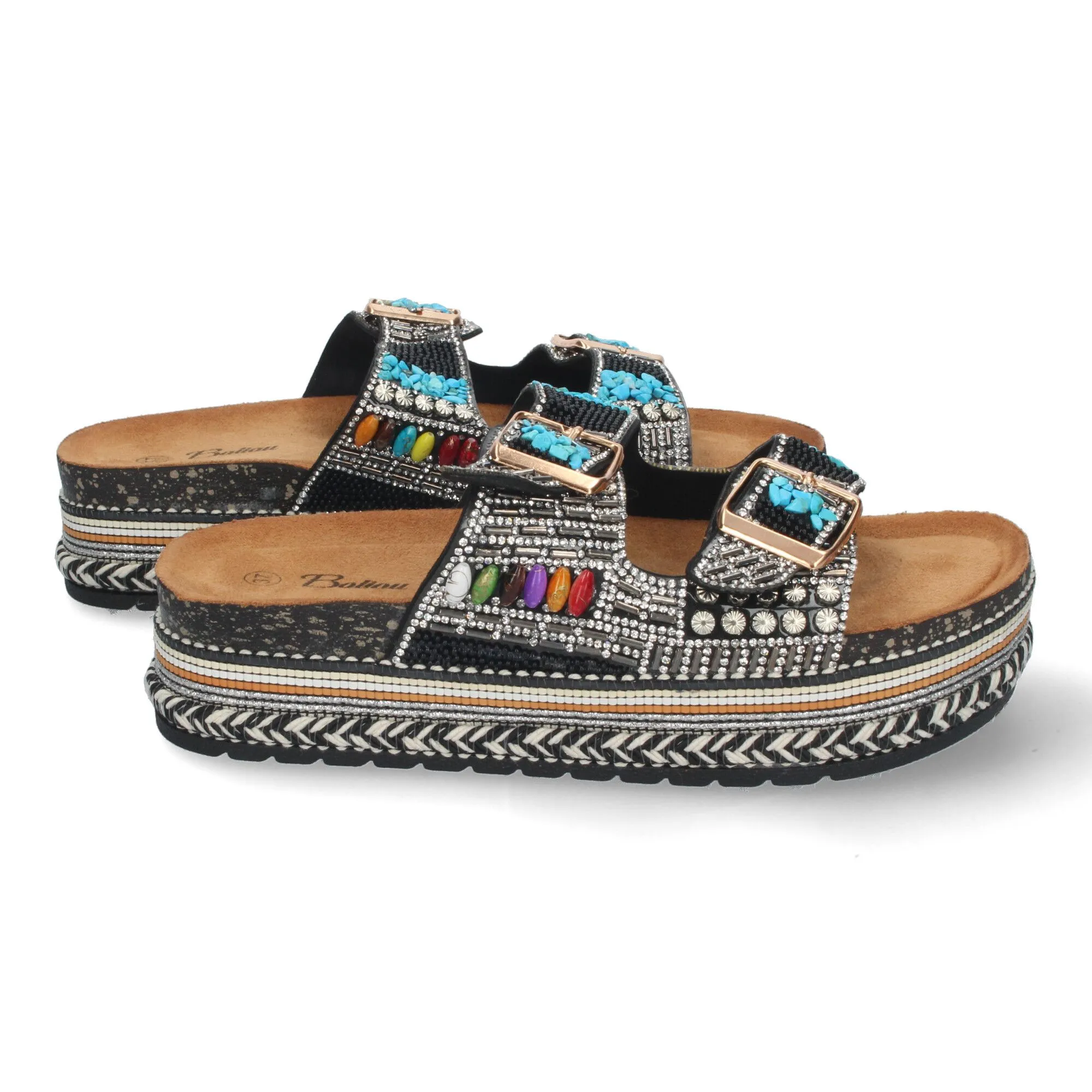 SANDALIAS PLANAS CóMODAS CON ADORNOS BIO PARA MUJER NEGRO ZD08