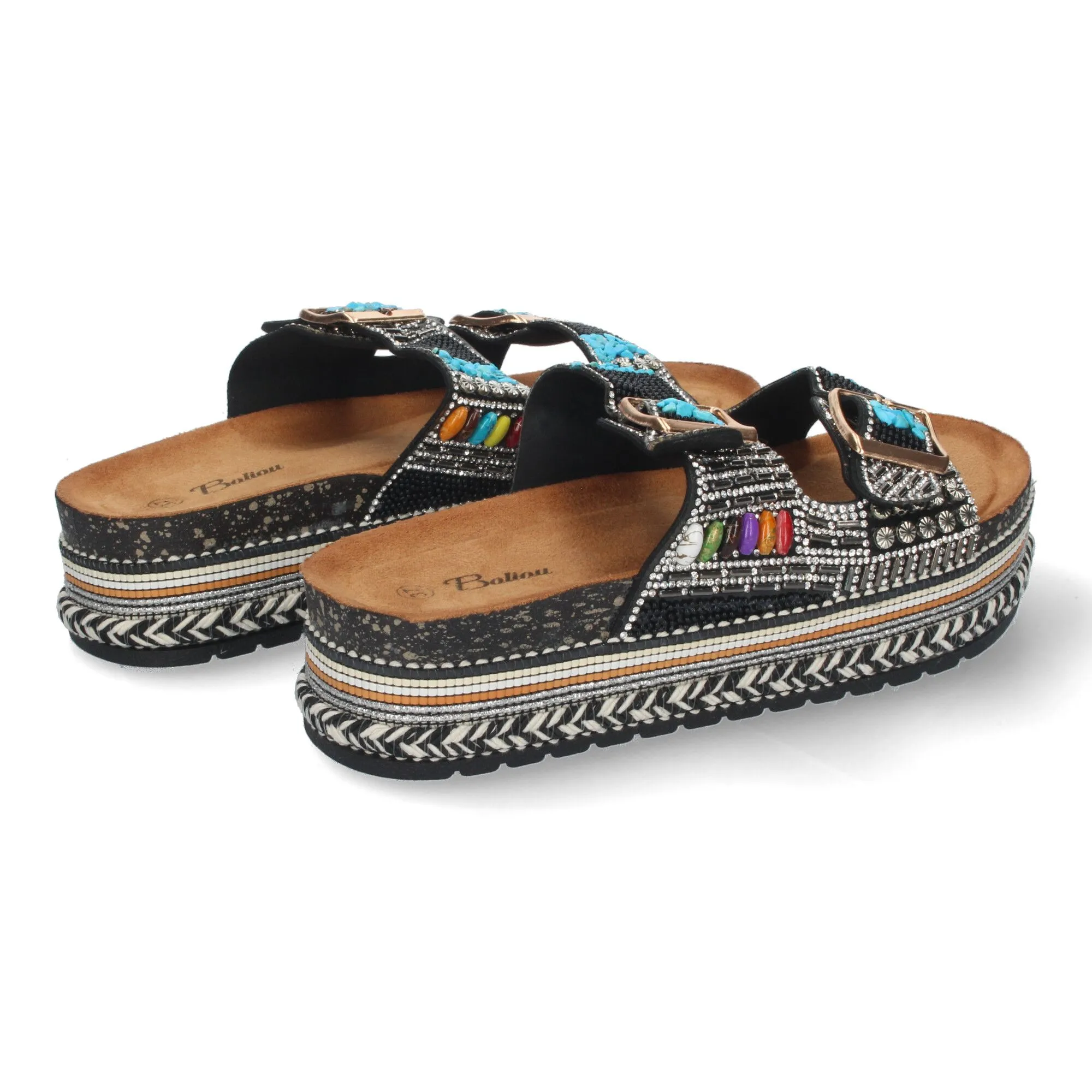 SANDALIAS PLANAS CóMODAS CON ADORNOS BIO PARA MUJER NEGRO ZD08