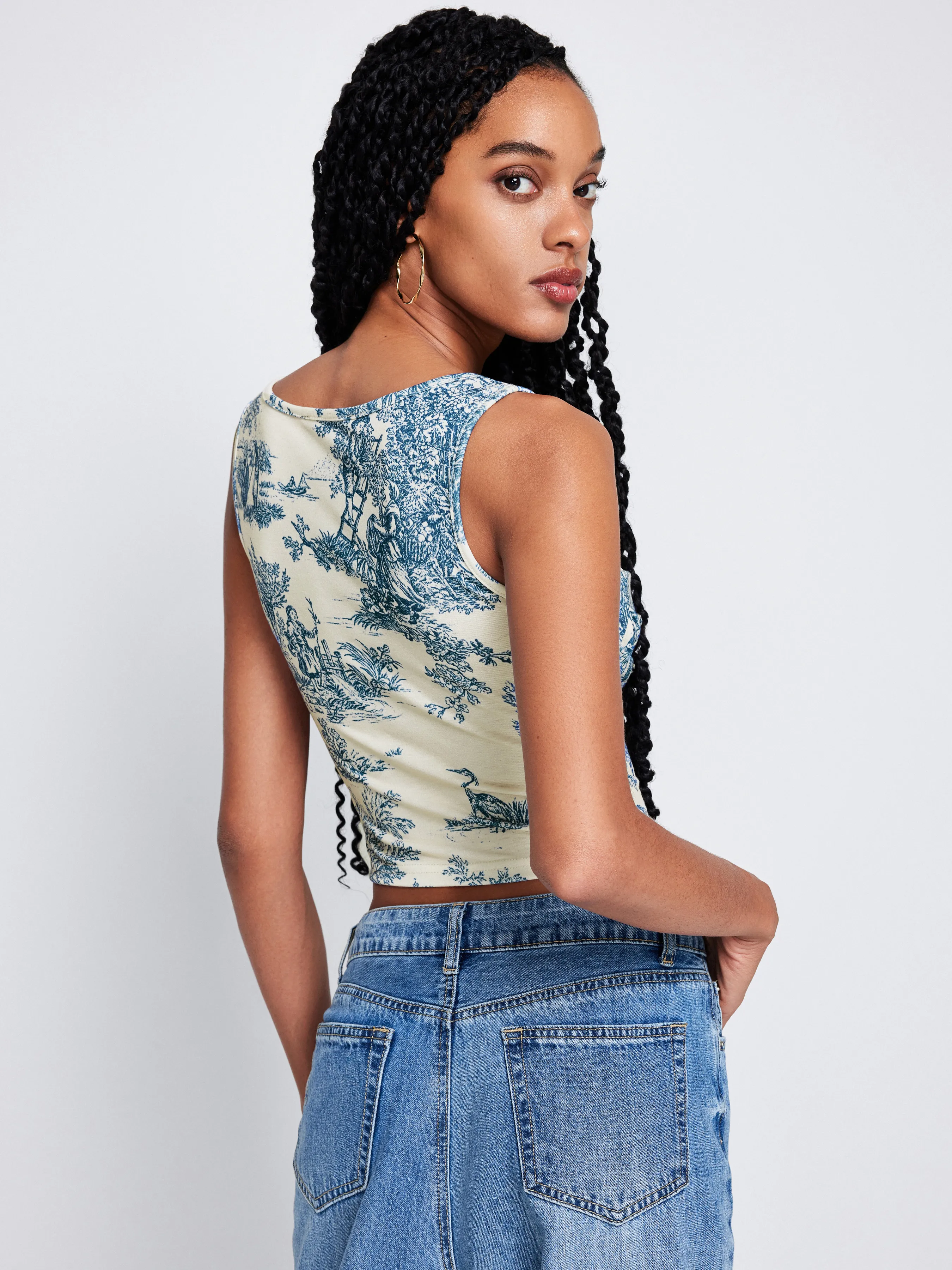  Toile de Jouy Top de Tirantes con Cuello Cuadrado