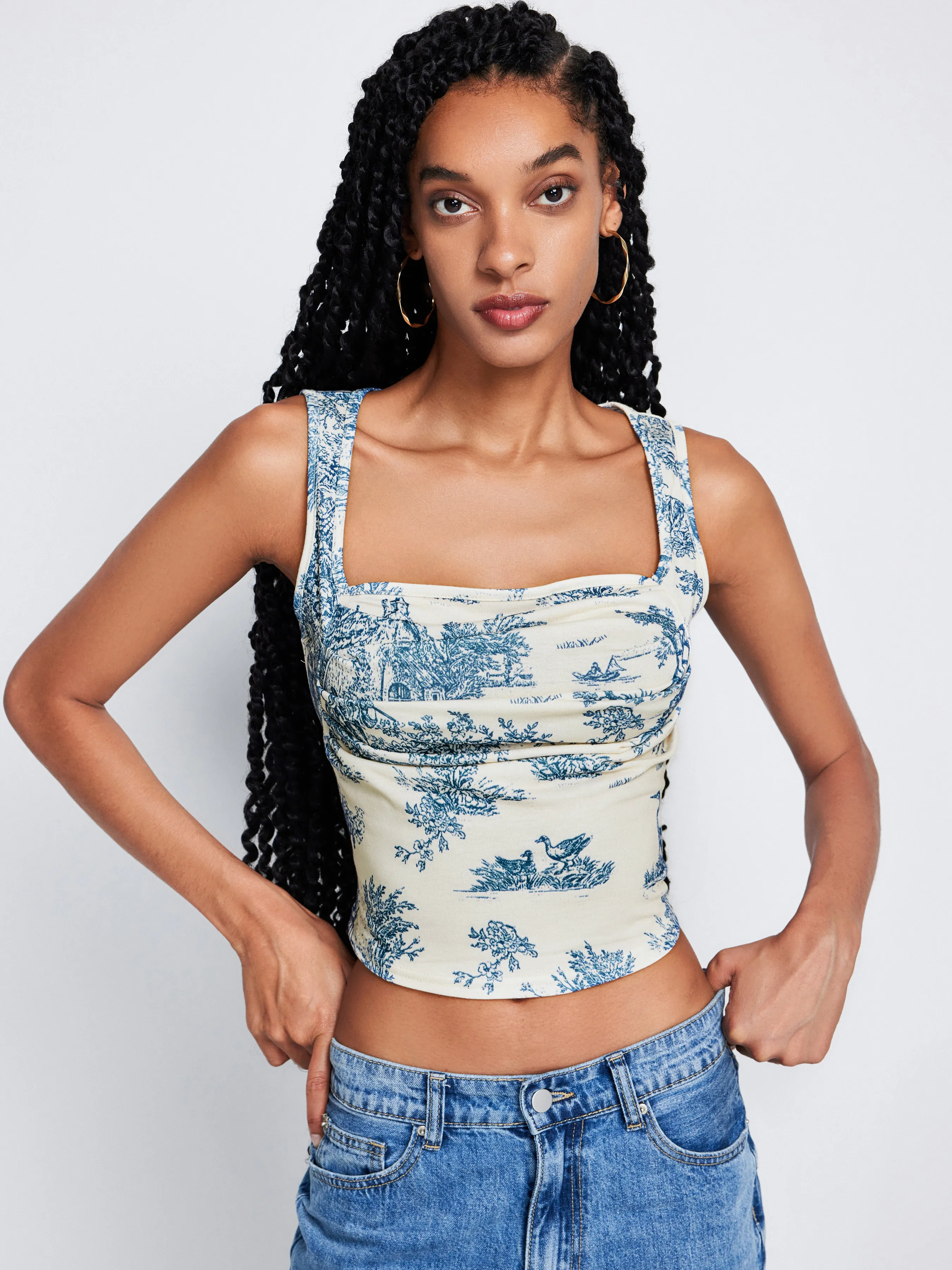  Toile de Jouy Top de Tirantes con Cuello Cuadrado