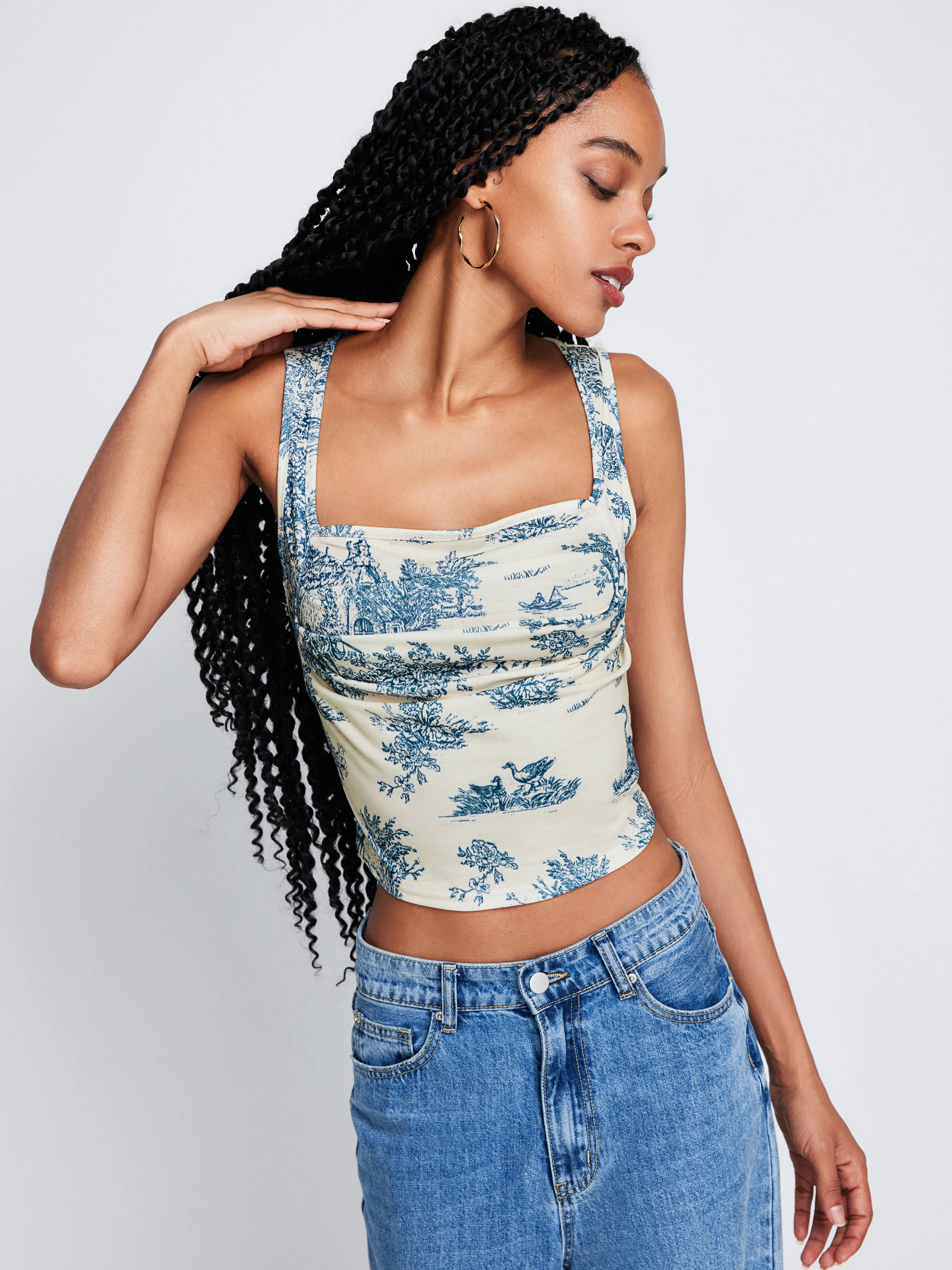  Toile de Jouy Top de Tirantes con Cuello Cuadrado