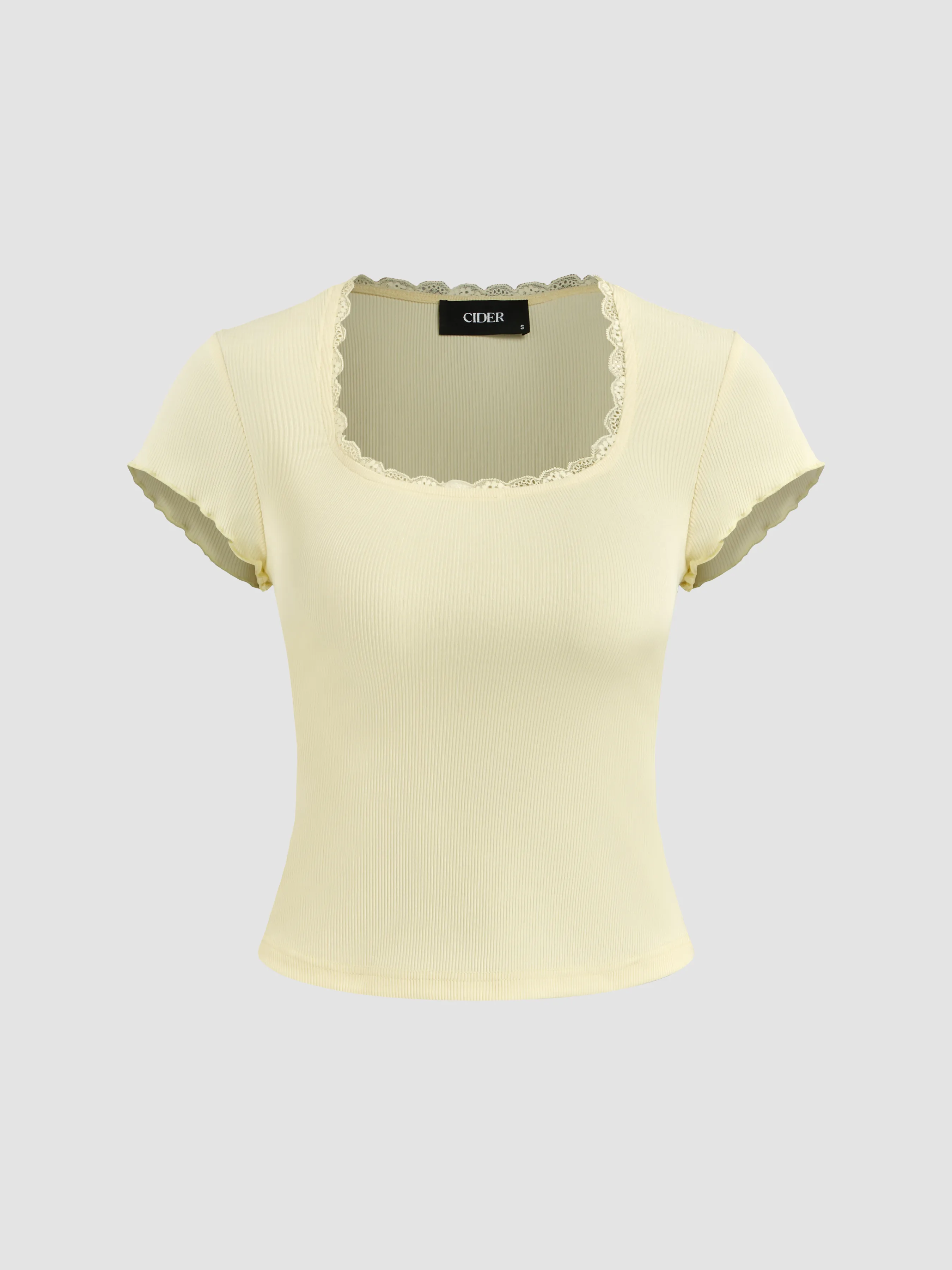 Top de manga corta con cuello redondo de encaje