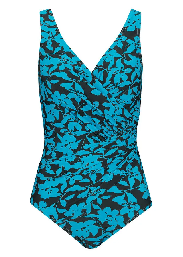 TRAJE DE BAñO MOLDEADOR DE TALLA GRANDE CON LIGERO EFECTO MOLDEADOR NEGROTURQUESA CON FLORES