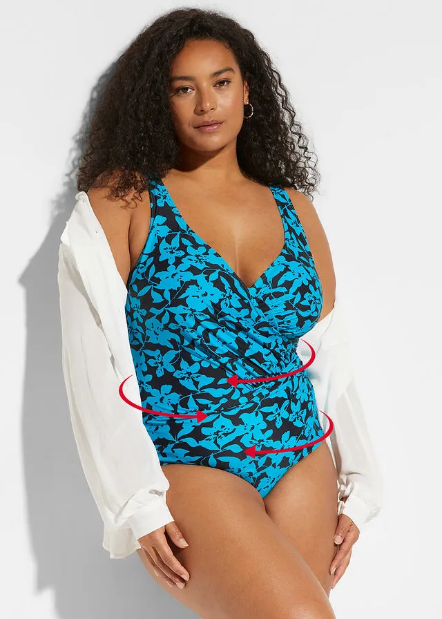 TRAJE DE BAñO MOLDEADOR DE TALLA GRANDE CON LIGERO EFECTO MOLDEADOR NEGROTURQUESA CON FLORES