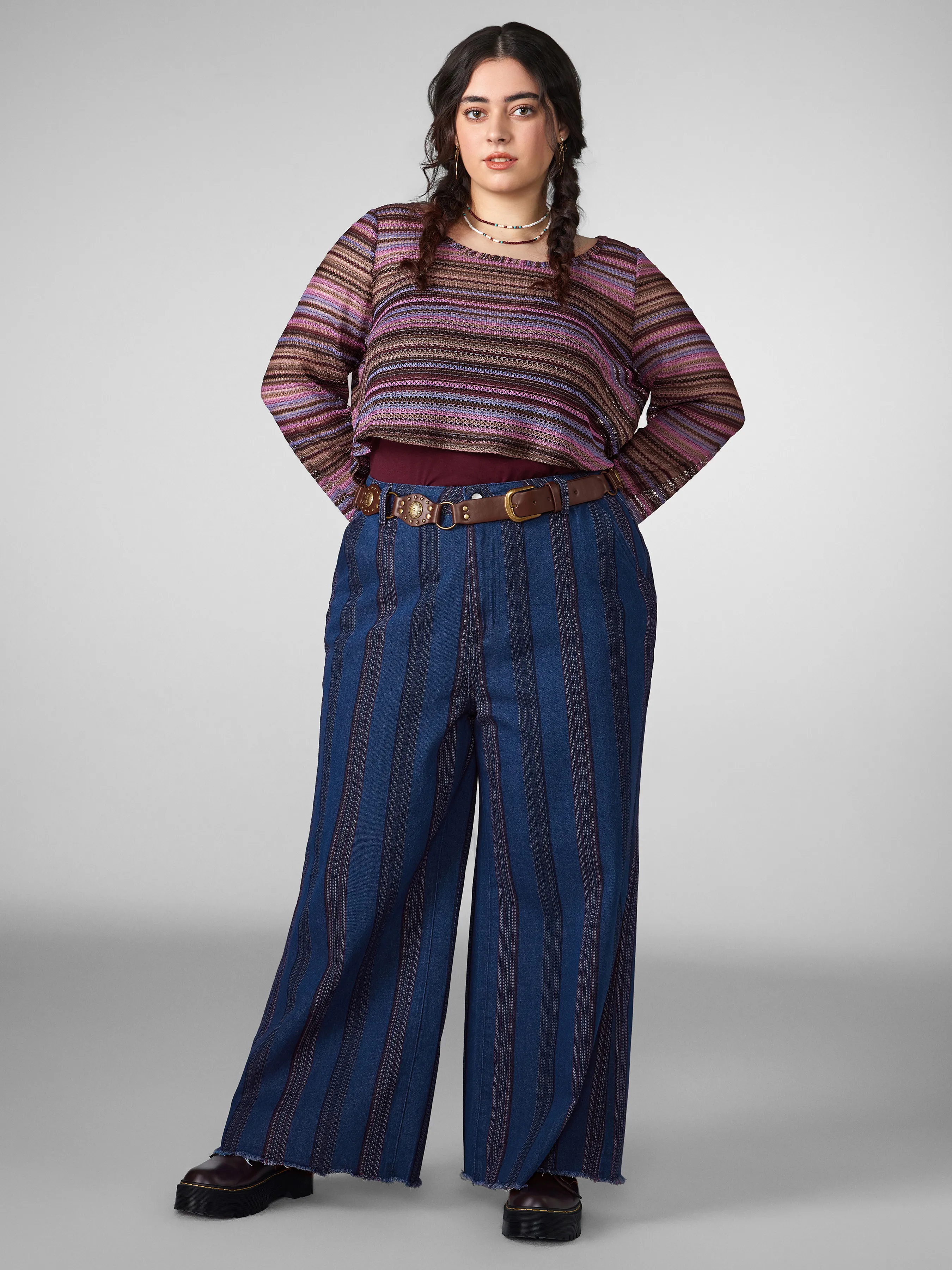  Vaquero de Cintura Alta Retro a Rayas Acampanado Curvy