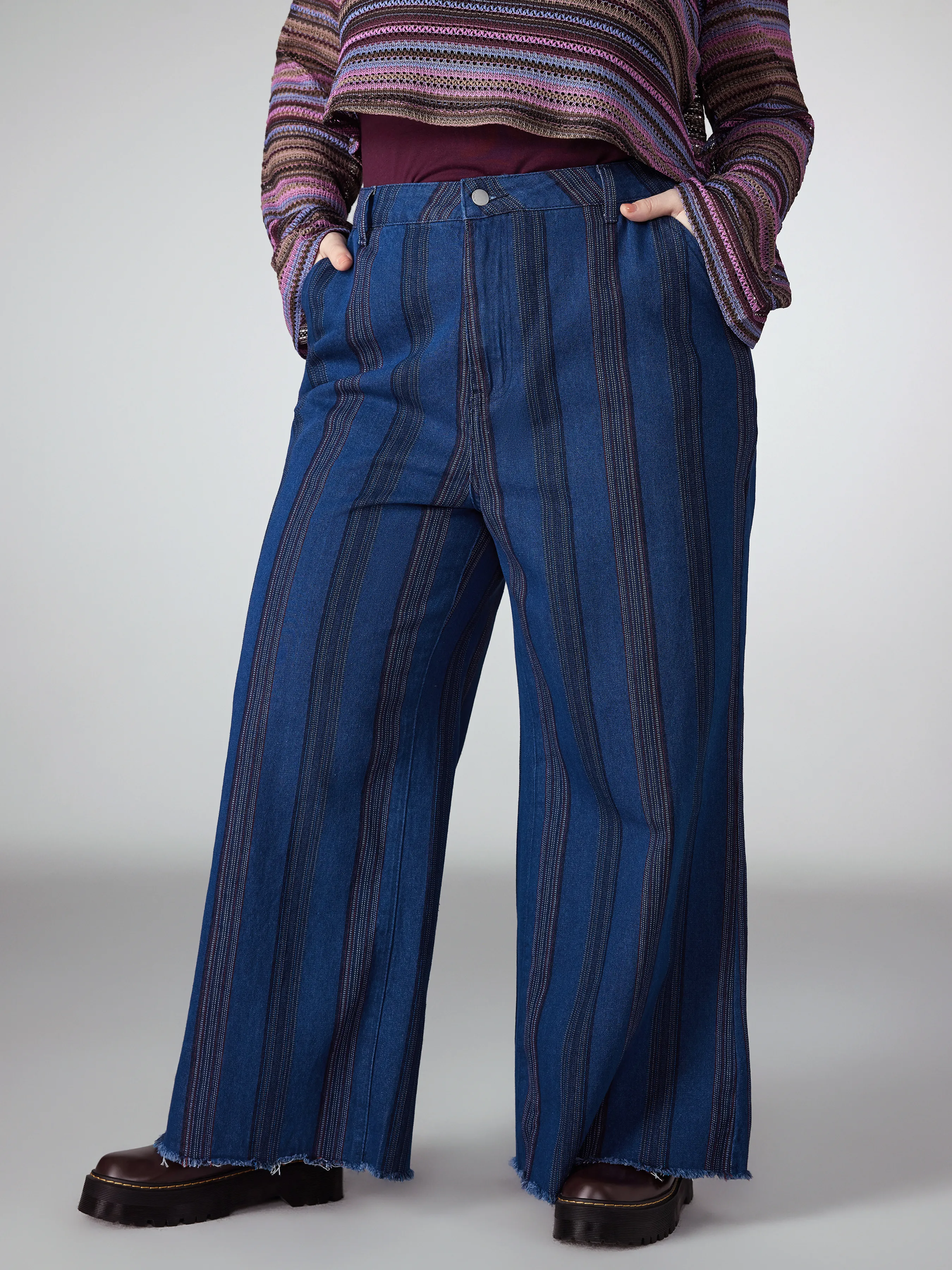  Vaquero de Cintura Alta Retro a Rayas Acampanado Curvy
