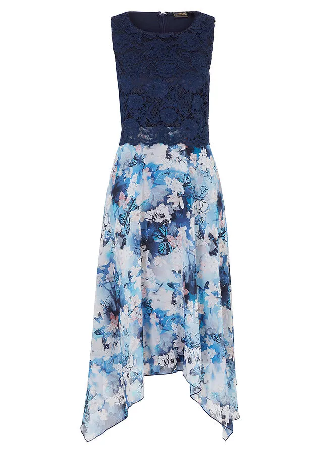 Vestido de gasa con encaje Azul marino de flores